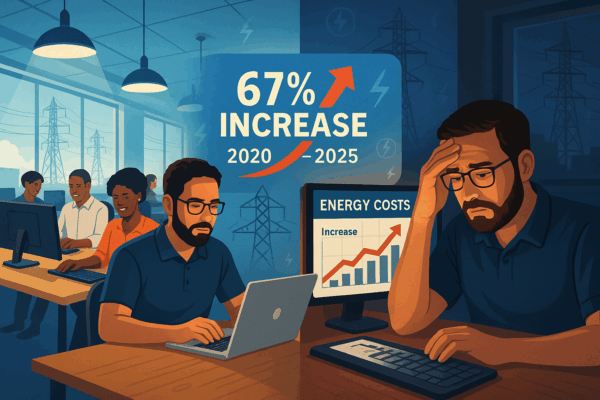 Eskom Price Increases: 67% Rise Since 2020 Hits SA Businesses Hard South African business owner stressed by Eskom electricity price increases showing 67% rise since 2020 impacting office operations
